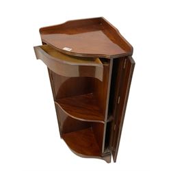 Late 20th century mahogany corner stand, fitted with single frieze drawer and hinged corner compartments