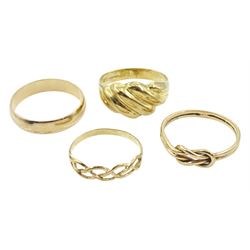 Gold wedding band and three other gold rings, all 9ct hallmarked or tested