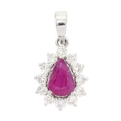 18ct white gold pear cut ruby and round brilliant cut diamond cluster pendant, stamped, ruby approx 1.10 carat, total diamond weight approx 0.20 carat