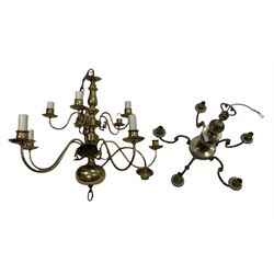 Dutch style brass chandelier and another with reeded branches