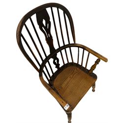 19th century windsor chair, the double hoop and spindle back with pierced splat back over saddle seat, raised on turned supports 