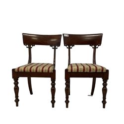 Set of five Victorian mahogany dining chairs, shaped cresting rail with C-scroll brackets, upholstered drop-in seat, on turned lappet carved supports