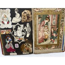 Victorian scrap album with a frontispiece photograph of a lady and a dedication 'To Her Dear Little Girls' and dated 1876 and another with a leather panel on the front cover inscribed 'M.M.1879'