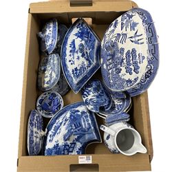 Two 19th century pearlware hors d'oeuvres dishes, two with covers, various Willow pattern covers, dishes etc in one box