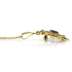Edwardian gold amethyst and seed pearl pendant/brooch, stamped 9ct, on later 9ct gold link chain necklace, hallmarked