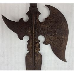 Replica metal Halberd on wooden haft, L242cm, another with metal haft and two others (4)