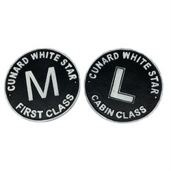 Two cast metal signs, 'Cunard White Star First Class M' and 'Cunard White Star Cabin Class L', D25cm (2)