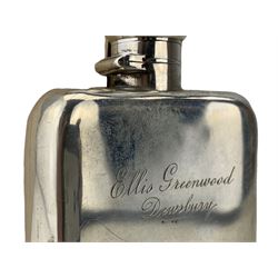 Late Victorian silver hip flask with bayonet top and gilt lined cup engraved 'Ellis Greenwood, Dewsbury' H12cm London 1895 Maker Mappin & Webb 