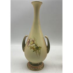 Late Victorian Royal Worcester twin handled ovoid form vase, painted and gilded with floral sprays, with puce printed marks beneath including shape number 1021, H15.5cm, together with two early 20th century Royal Worcester blush ivory vases including shapes 1021 and 2151 (3)
