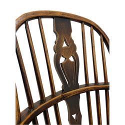 19th century elm Windsor chair, double hoop stick back with pierced splat, dished seat raised on turned supports joined by swell turned H-stretcher