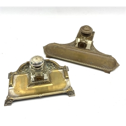 Early 20th Century brass inkstand with glass block inkwell and traces of the original plate W20cm and one other brass inkstand