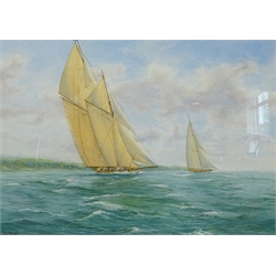 C E Mitchell (British 20th century): 'Cambria and Westward off Cowes 1930', watercolour and gouache signed, titled verso 33cm x 45cm