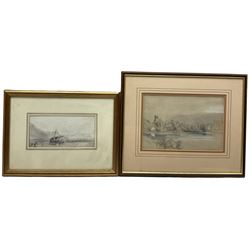 William Roxby Beverley (British 1811-1889): 'Offloading the Catch near Dover', pencil drawing from sketchbook c.1865; English School (early 19th century): River Landscape with Distant Town, watercolour wash and pencil c.1830 together with an etching of York, early lithograph after George Morland and a signed print of an Oxford College max 30cm x 48cm (5)