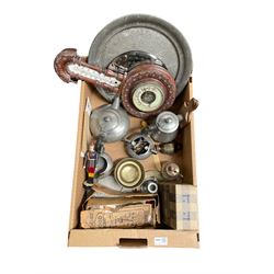 Hammered pewter tea set, barometer, Eastern metal ware, Ration Book Holder, stamps etc in one box