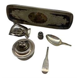 Victorian silver burner by F B Thomas & Co, London 1897, Georgian silver teaspoon (a/f), silver serviette ring (a/f) brush etc. approx. gross weight 2.76 oz 