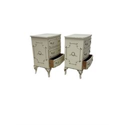 Pair French style cream and gilt chests, the gilt moulded edge over three drawers, raised on cabriole supports W48cm, H68cm, D35cm 
