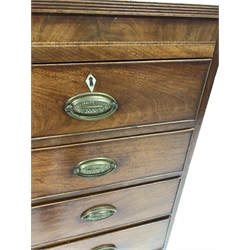 19th Century inlaid mahogany chest, the top with reeded edge over two short and four long graduated drawers, raised on shaped bracket supports, W