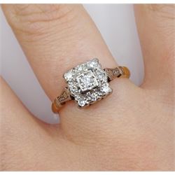 Gold square shaped round cut diamond cluster ring, stamped 18ct Plat