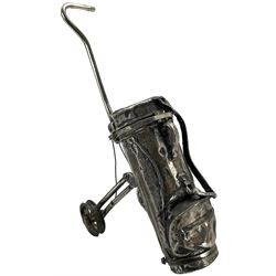 Miniature novelty silver golf bag and trolley marked 925 H9cm