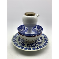   Japanese bowl decorated in blue and white with figures etc, D25cm, another Japanese bowl, modern drug jar and a blue and white plate  