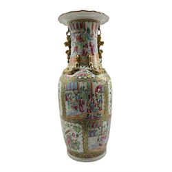 19th century Cantonese baluster vase painted with panels of figures, flowers and birds etc in coloured enamels and with a crimped fold over rim H61cm (cracked)