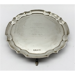 Small silver circular salver with pie crust border presented to the greyhound trainer Harold Wright (1884-1974) and engraved with the names of the nine winners of The Waterloo Cup that he trained.D20cm Sheffield 1959 Maker Stone Bros. 11.3oz