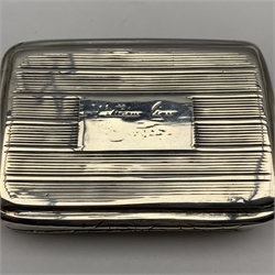 George IV silver snuff box, the hinged cover inscribed 'William Gow' with gilded interior 8cm x 5.5cm Birmingham 1822, makers mark rubbed 3.1oz