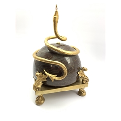 Veined green hardstone and gilt metal  table centrepiece with a coiled serpent on a square base with paw feet H31cm