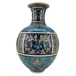 Burmantofts Faience Anglo-Persian vase, designed by Leonard King, of ovoid form with waisted cylindrical neck, painted with panels of stylized foliage, in aubergine, blue, green and ochre tones,  impressed factory marks, model no. 99, incised D-205, 1453 and artists monogram LK, H26cm