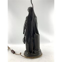 19th century patinated bronze figural table lamp modelled as Erato, The goddess of lyric poetry, stood holding a lyre in her left hand, with later flambeau frosted glass shade and oval brass base with four bun supports, H93cm overall