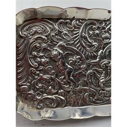 Edwardian rectangular silver dressing table tray embossed with cherubs, scrolls and flower heads 23cm x 10cm London 1902 Maker William Comyns 4.2oz
