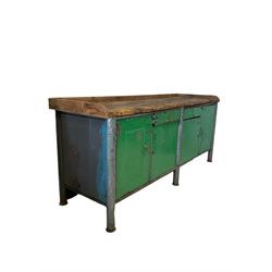Reclaimed industrial workshop bench, sycamore plank top over drawers and cupboards 