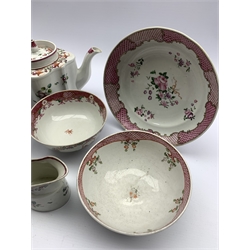 18th century Newhall teapot of lobed oval design decorated with floral sprays Patt. 748, Newhall creamer Patt 312, three Newhall slop bowls and a saucer dish D21cm