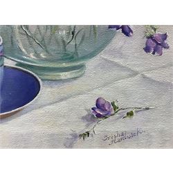 Trisha Hardwick (British 1949-2022): 'Summer Blue' Still Life of Flowers with Cup of Tea, oil on canvas signed, dated '93 and titled verso 28cm x 34cm