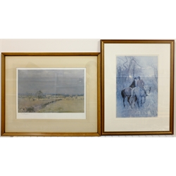 After Lionel Edwards (British 1878-1966): 'Hunting Countries', colour print signed in pencil with blindstamp; After Gilbert Holiday (British 1879-1937): 'Love in the Mist', limited edition print no.97/500; After Sir Alfred Munnings (British 1878-1959): 'Ned Osborne on Grey Tick', colour print, max 78cm x 52cm (3)