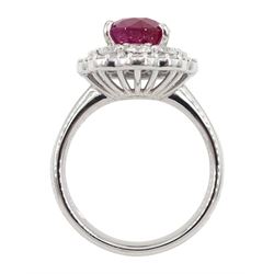 18ct white gold oval ruby and diamond cluster ring, stamped 750, ruby approx 3.00 carat, total diamond weight approx 1.50 carat