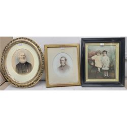 Set three late 19th/early 20th century painted portraits, two of distinguished gentlemen and one of two young girls, one housed in ornate gilt oval frame with scrollwork 