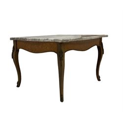 Louis XVI design small coffee table, marble rectangular top with canted corners, frieze rail with mahogany chequerboard veneer, raised on cabriole supports mounts