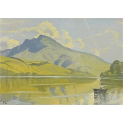 Kathleen Margaret Pearson (British 1898-1961): 'Lake Bala' Wales, oil on board signed with monogram, titled and extensively inscribed on various exhibition labels verso 24cm x 34cm