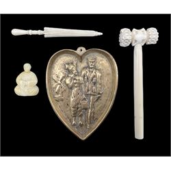 19th century carved ivory Gavel, miniature carved bone Parasol, 19th century Japanese carved ivory figure together with a novelty Dutch bronze heart shaped ashtray (4)