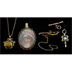 Early 20th century gold stone set brooch and gold picture pendant, gold stone set swivel fob, necklace and T bar, all 9ct hallmarked or tested and a pinchbeck watch key