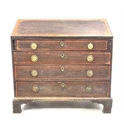 Georgian mahogany bureau, with satinwood crossbands, inlaid boxwood motifs and stringing, fall front revealing fitted interior and writing surface, over four long graduated drawers, raised on bracket supports W107cm, H107cm, D55cm