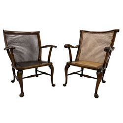 Near pair 20th century beech armchairs, cane back and seat, raised on cabriole supports with pad feet