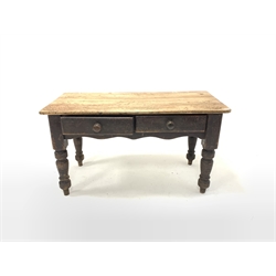 Victorian scrubbed and stained pine kitchen work table, fitted with two frieze drawers over shaped apron and turned supports 