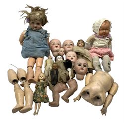 Quantity of vintage dolls and parts including Armand Marseille, Alt, Beck and Gottschalk, Heubach Koppelsdorf and other bisque heads, dolls and clothing etc