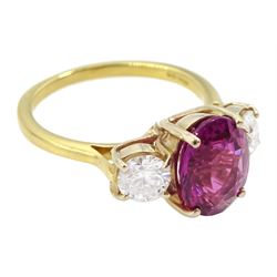 18ct gold three stone oval cut pink sapphire and round brilliant cut diamond ring, hallmarked, sapphire approx 3.00 carat, total diamond weight approx 0.80 carat