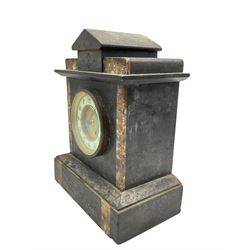 Late 19th century Belgium slate mantle clock with inset panels of contrasting variegated marble, with an incised gable pediment and side pieces, square case on a stepped plinth with incised decoration and marble inlay, with a French eight-day rack striking movement, striking the hours and half hours on a coiled gong, with a gilt recessed dial and enamel chapter ring, Gothic Arabic numerals and minute markers, matching steel trefoil hands, flat bevelled glass and brass bezel.
With pendulum and key.

