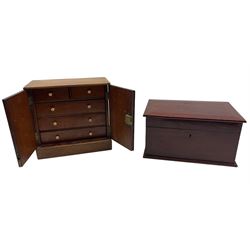 Collectors chest with bone escutcheon and bone handled drawers together with Victorian mahogany workbox with lock max H26cm