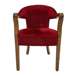 Oak framed tub shaped office desk chair, upholstered in textured crimson fabric with sprung seat