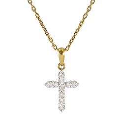 18ct gold round brilliant cut diamond cross pendant, stamped 750, on 9ct gold chain necklace, hallmarked